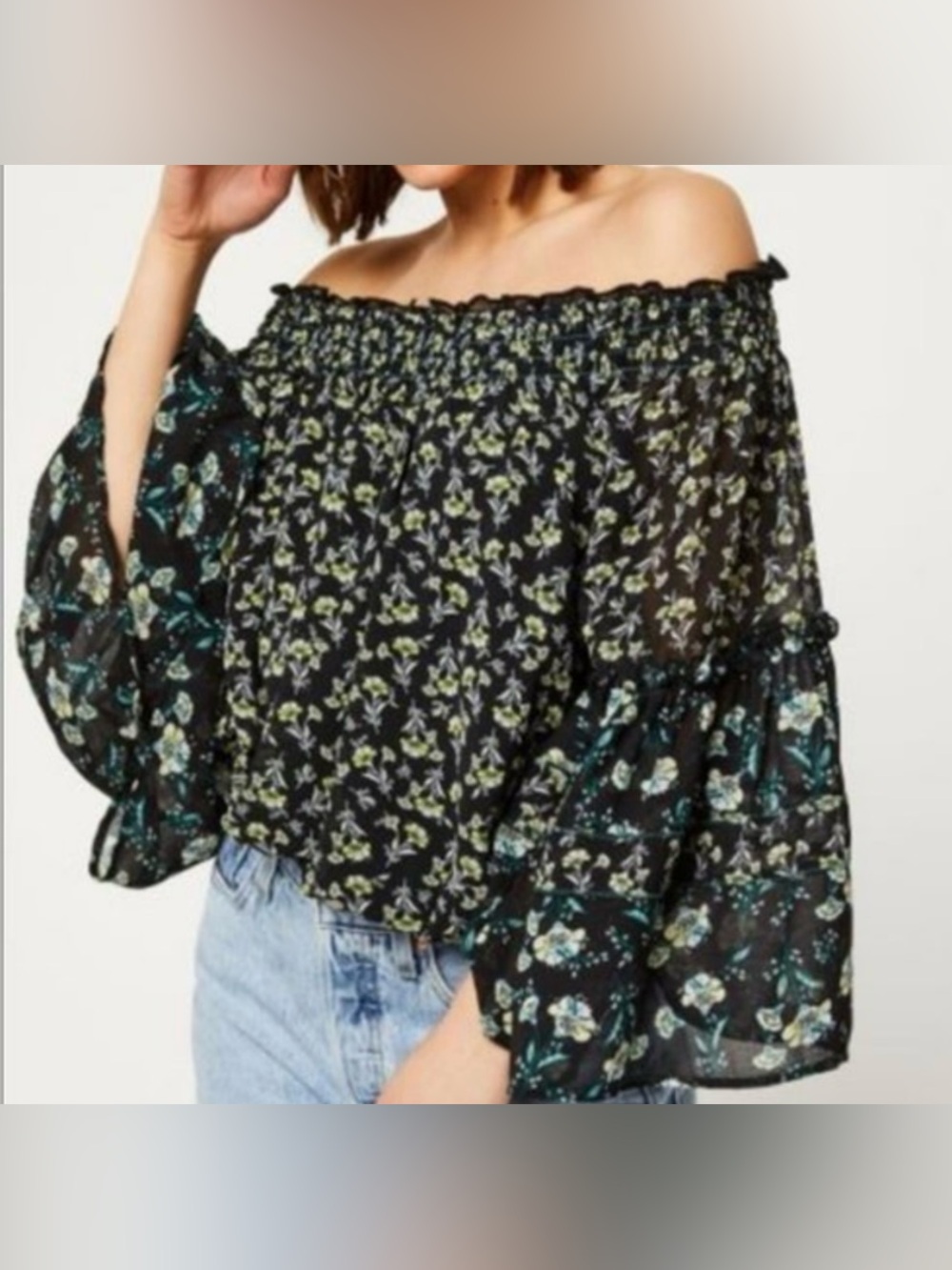 Free People Black and Green Off-Shoulder Floral Blouse - Size M